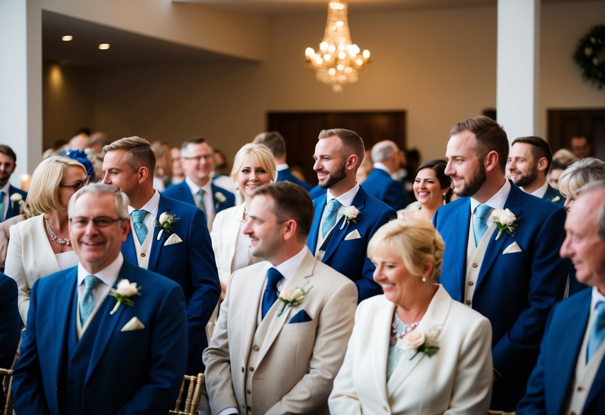 Guests gather at a wedding venue, adorned with buttonholes pinned to their attire, chatting and laughing as they wait for the ceremony to begin