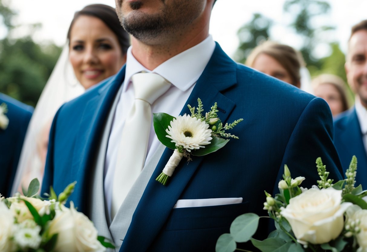 A groom's suit jacket with a traditional buttonhole flower pinned to the lapel, surrounded by other wedding attire and accessories