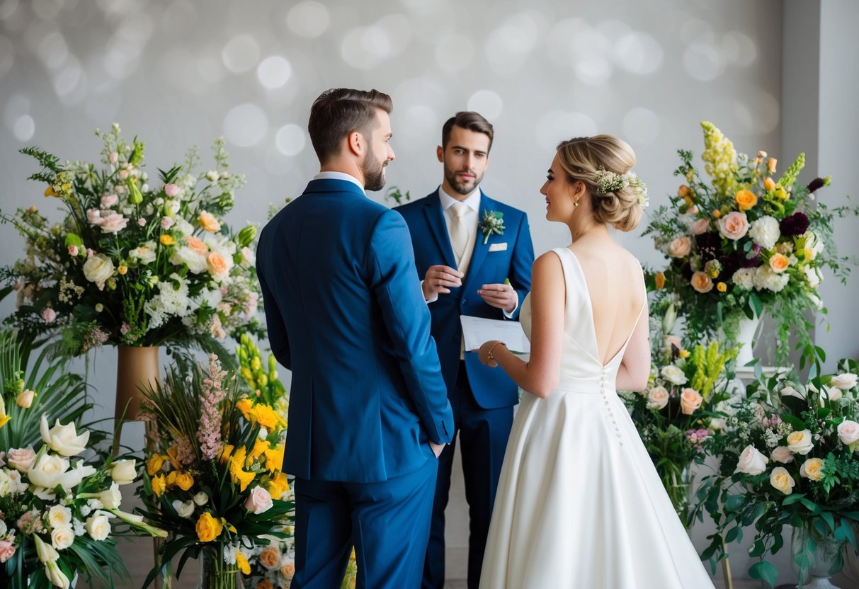 A bride and groom stand in front of a variety of mismatched floral arrangements, discussing their options with a florist