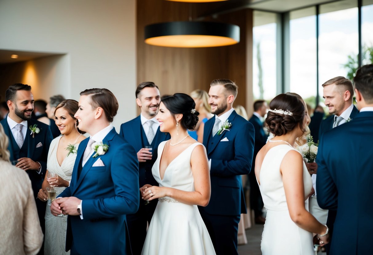 A group of elegantly dressed wedding guests, some wearing buttonholes, mingle and chat at a modern wedding venue