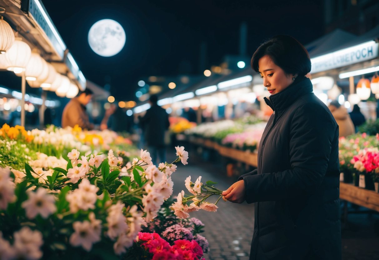 A moonlit flower market with a lone figure selecting blossoms