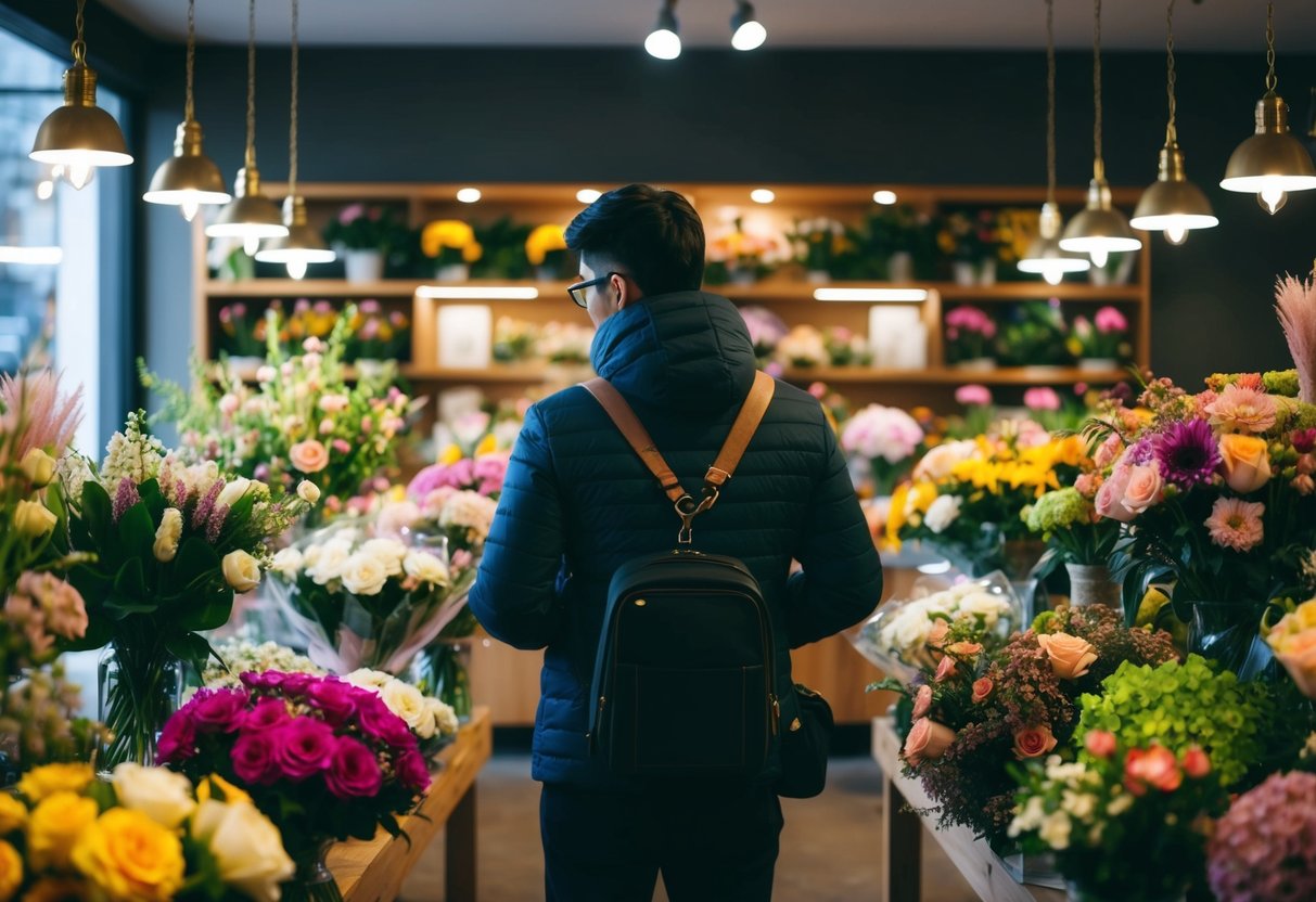 A person standing in a dimly lit flower shop, browsing through various bouquets and arrangements, contemplating whether to make a purchase