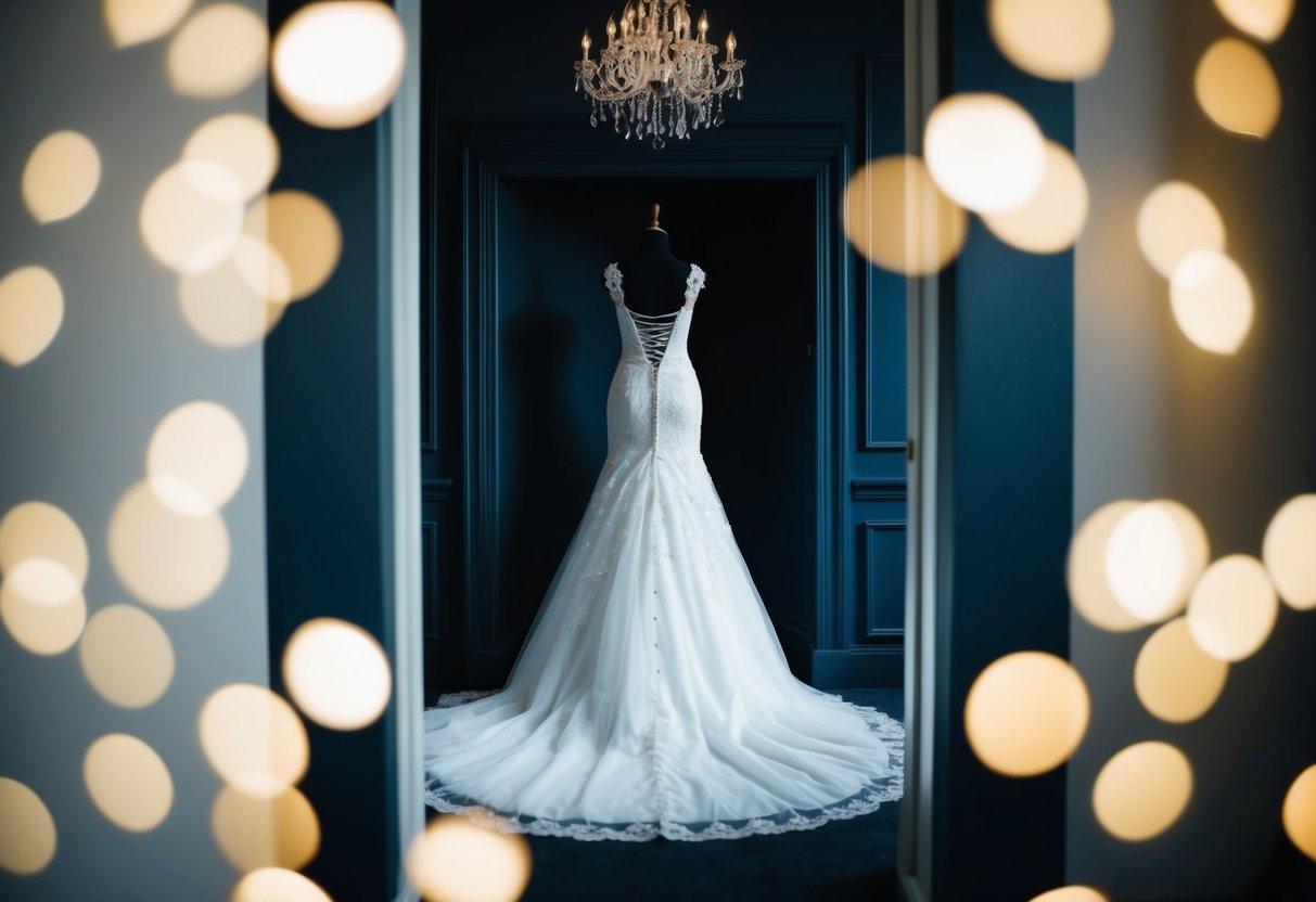A gothic wedding dress in a dimly lit room, surrounded by dark and moody decor