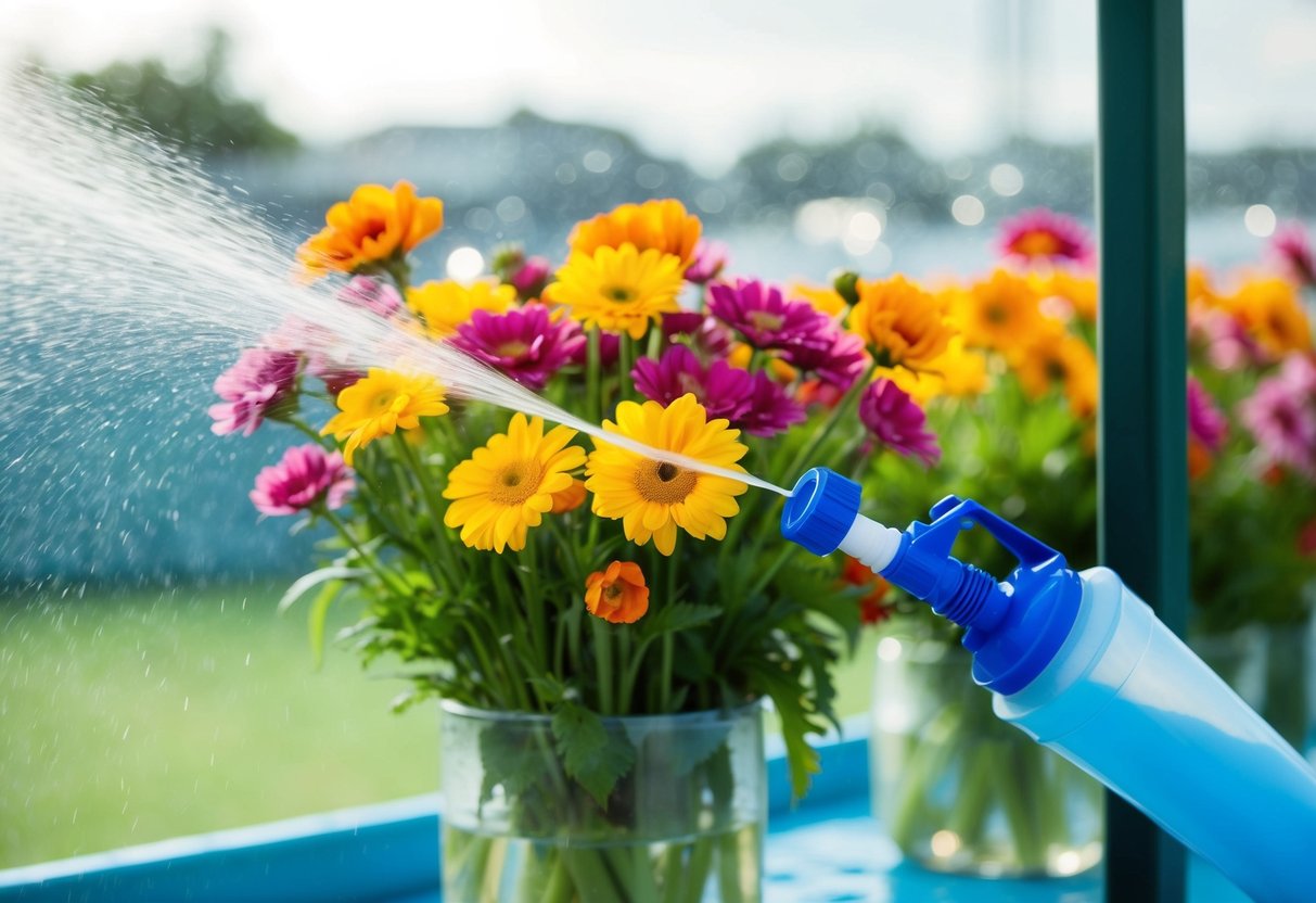 Fresh flowers in a cool, shaded area with water tubes and misting spray