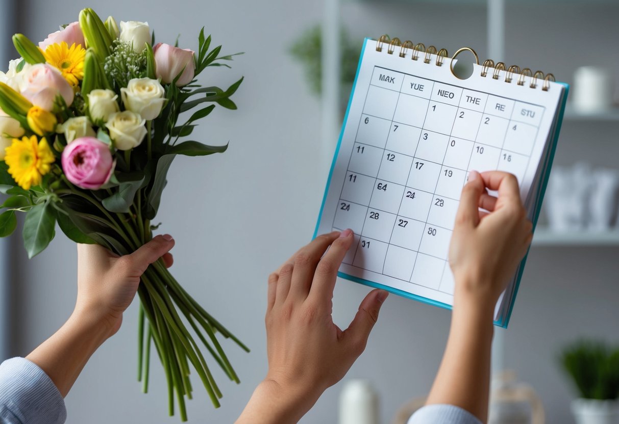 A person holding a bouquet of fresh flowers in one hand and reaching for a calendar with the other, contemplating whether it's okay to buy flowers the night before