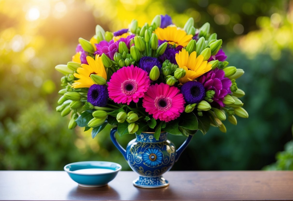A bouquet of fresh, vibrant flowers arranged in a decorative vase with a small dish of water beside it