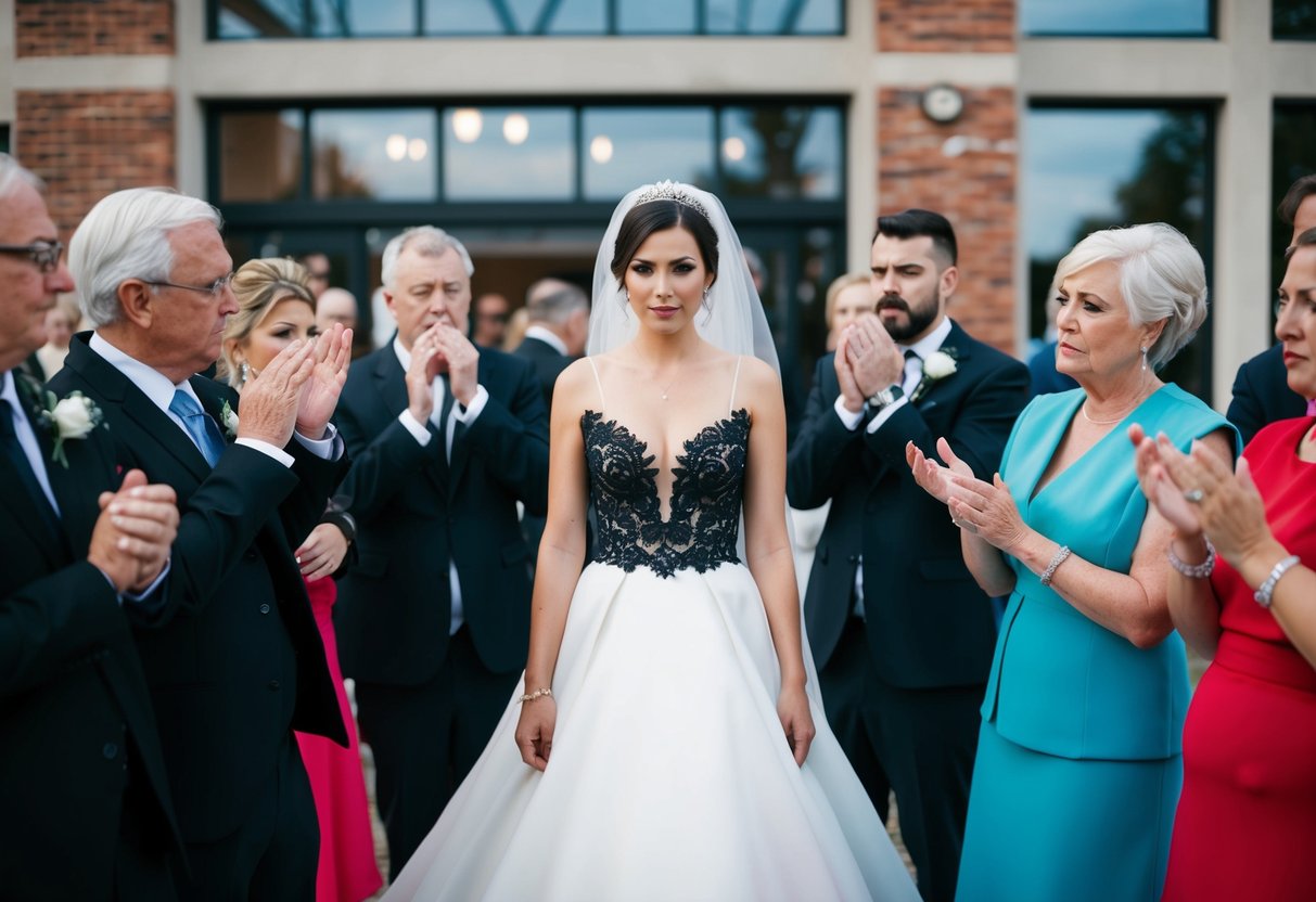 A bride in a black wedding dress surrounded by disapproving guests