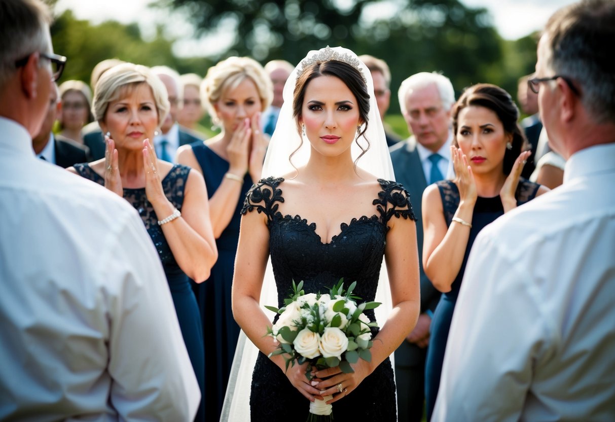 A bride in a black wedding dress surrounded by disapproving guests