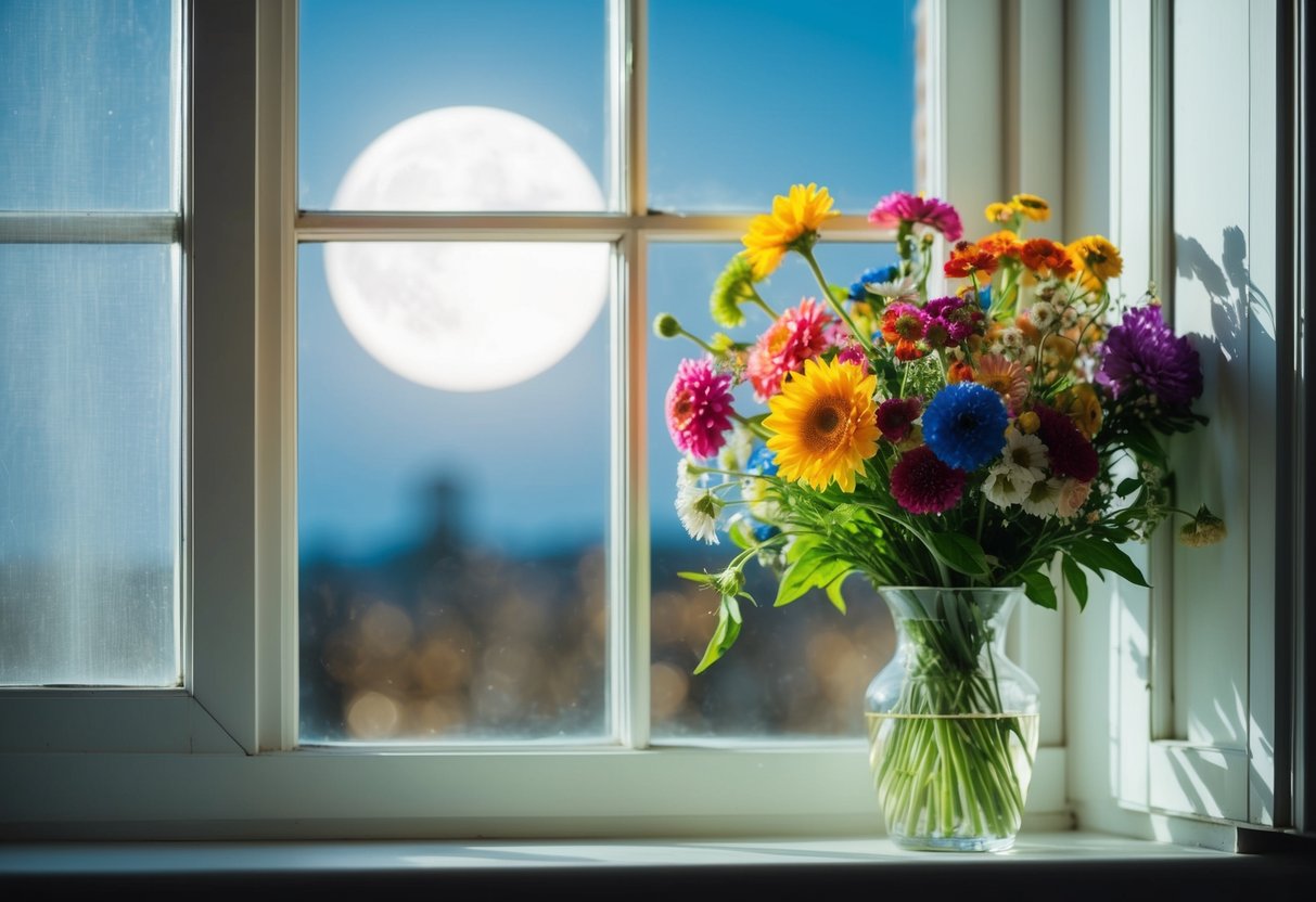 A bouquet of colorful flowers sits on a windowsill, bathed in soft moonlight, with a gentle breeze wafting through the open window