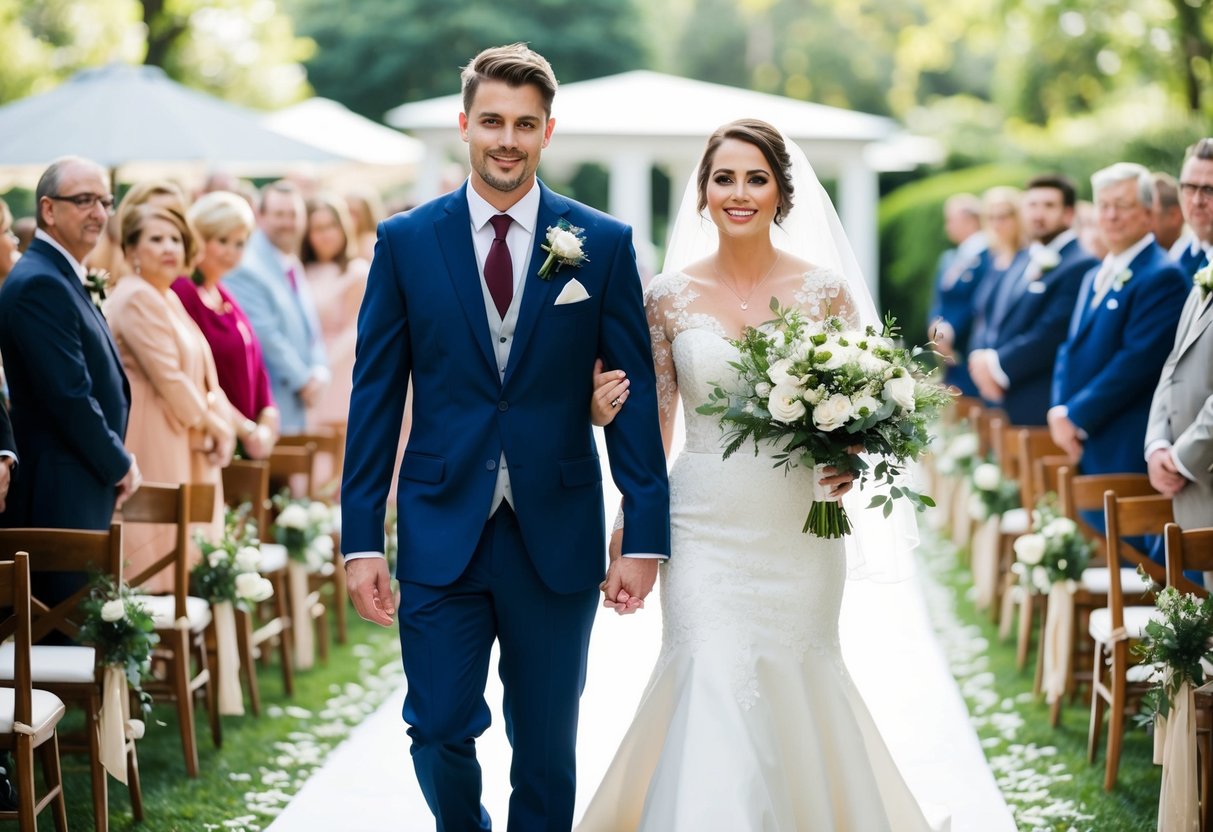 The bride and groom walk side by side down the aisle