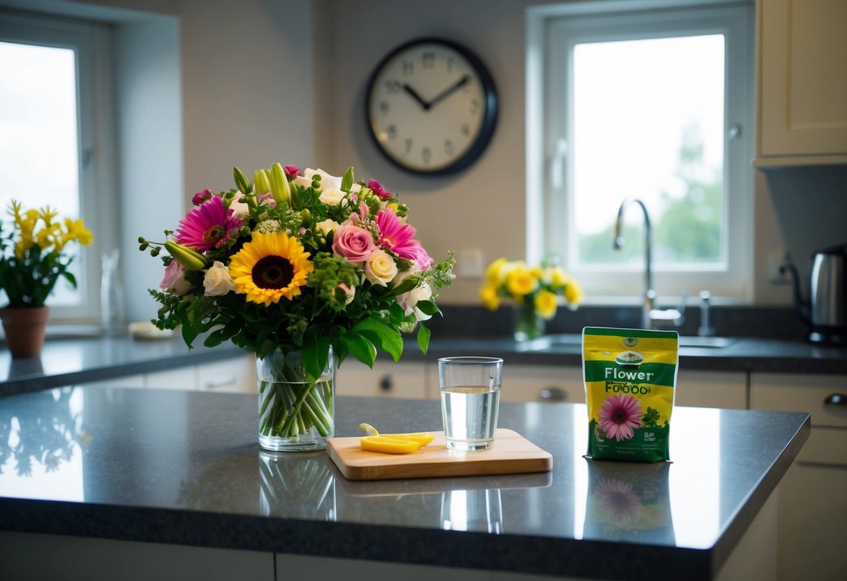 A bouquet of flowers sits on a kitchen counter next to a glass of water and a packet of flower food. The room is dimly lit, with a clock on the wall showing the late evening hour