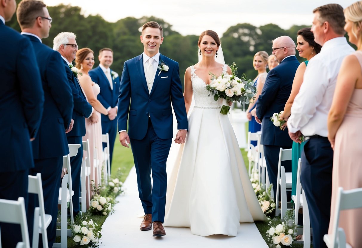 The bride and groom walk side by side down the aisle, surrounded by their bridal party