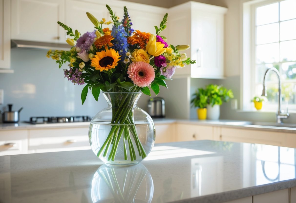 A glass vase filled with water, holding a colorful bouquet of assorted flowers, placed on a clean, sunlit kitchen counter