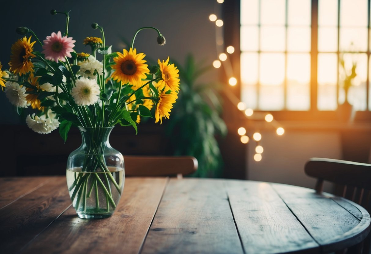 A vase of flowers on a wooden table, with a dimly lit room in the background