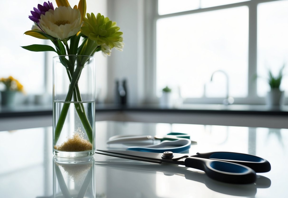 A vase of water with flower food, a pair of sharp scissors, and a clean, well-lit workspace
