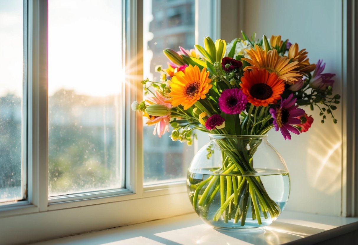 A glass vase filled with water sits on a windowsill, holding a vibrant bouquet of assorted flowers. The sunlight streams in, casting a warm glow on the petals