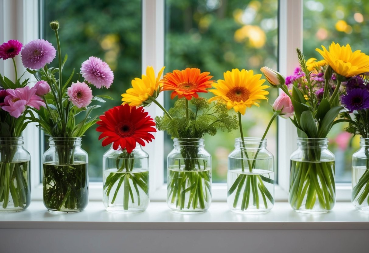 A vase of various flowers, each in its own water-filled container, with some placed in a cool, shaded area and others in a bright, sunny spot