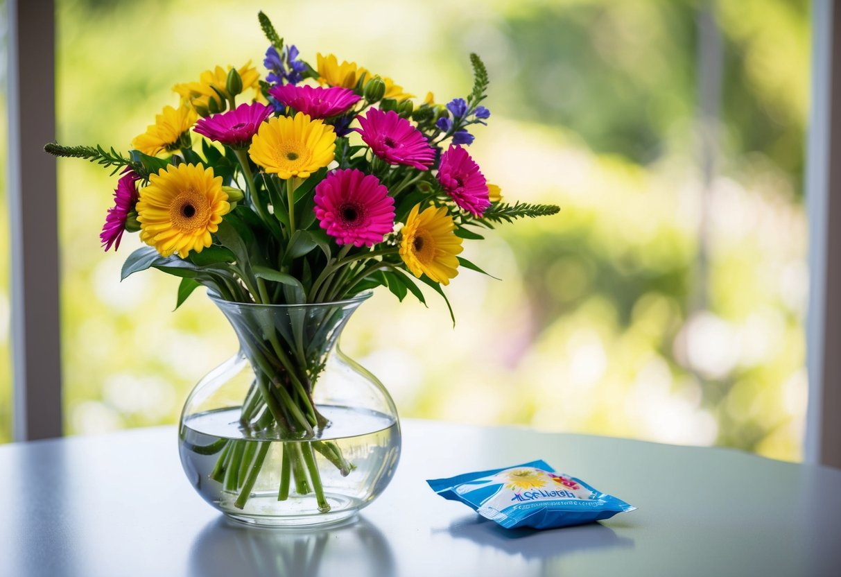 A glass vase filled with water, holding a colorful bouquet of flowers, with a small packet of flower preservative next to it