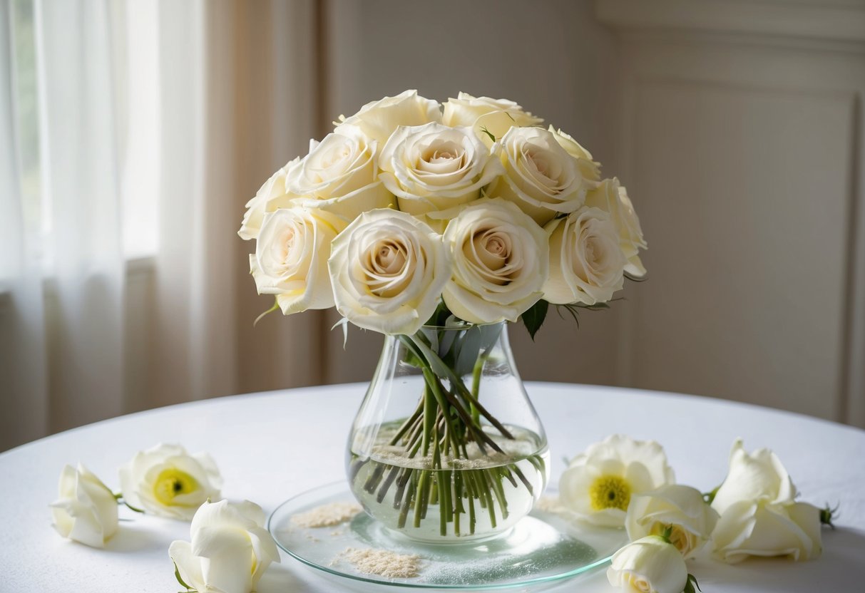 A bouquet of wedding roses sits in a glass vase, surrounded by a mix of water and flower food. The room is filled with soft, natural light, casting a gentle glow on the delicate petals