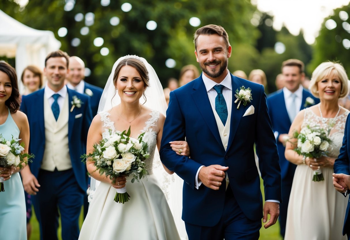 A wedding scene with guests in formal attire, a bride and groom, and a celebratory atmosphere
