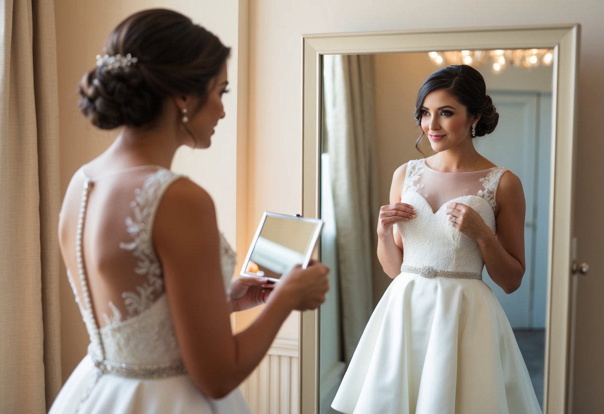A woman holding a short dress, standing in front of a mirror, contemplating wearing it to a wedding