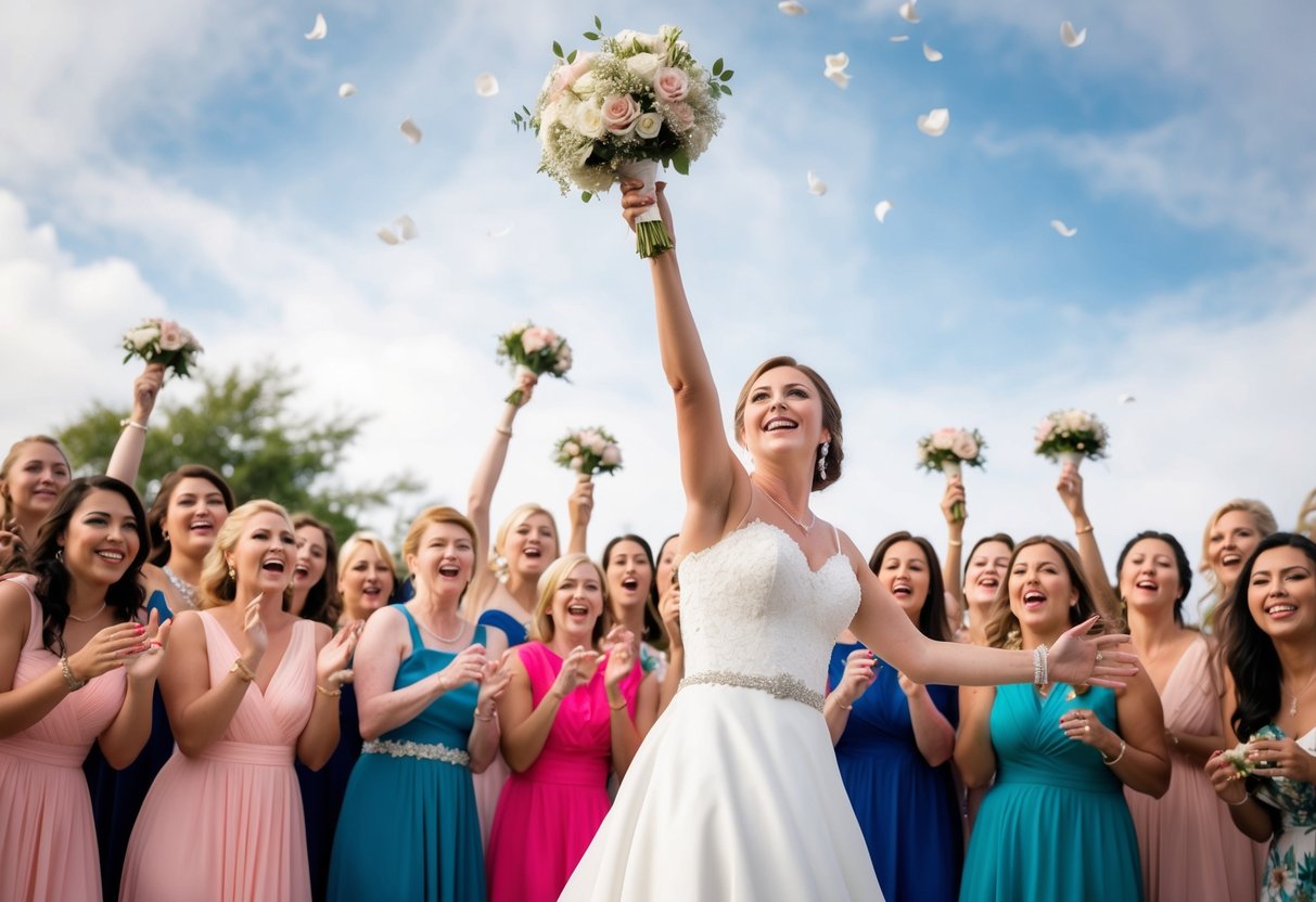 The bride throws her bouquet amidst a crowd of eager single women, vying to catch it in the air