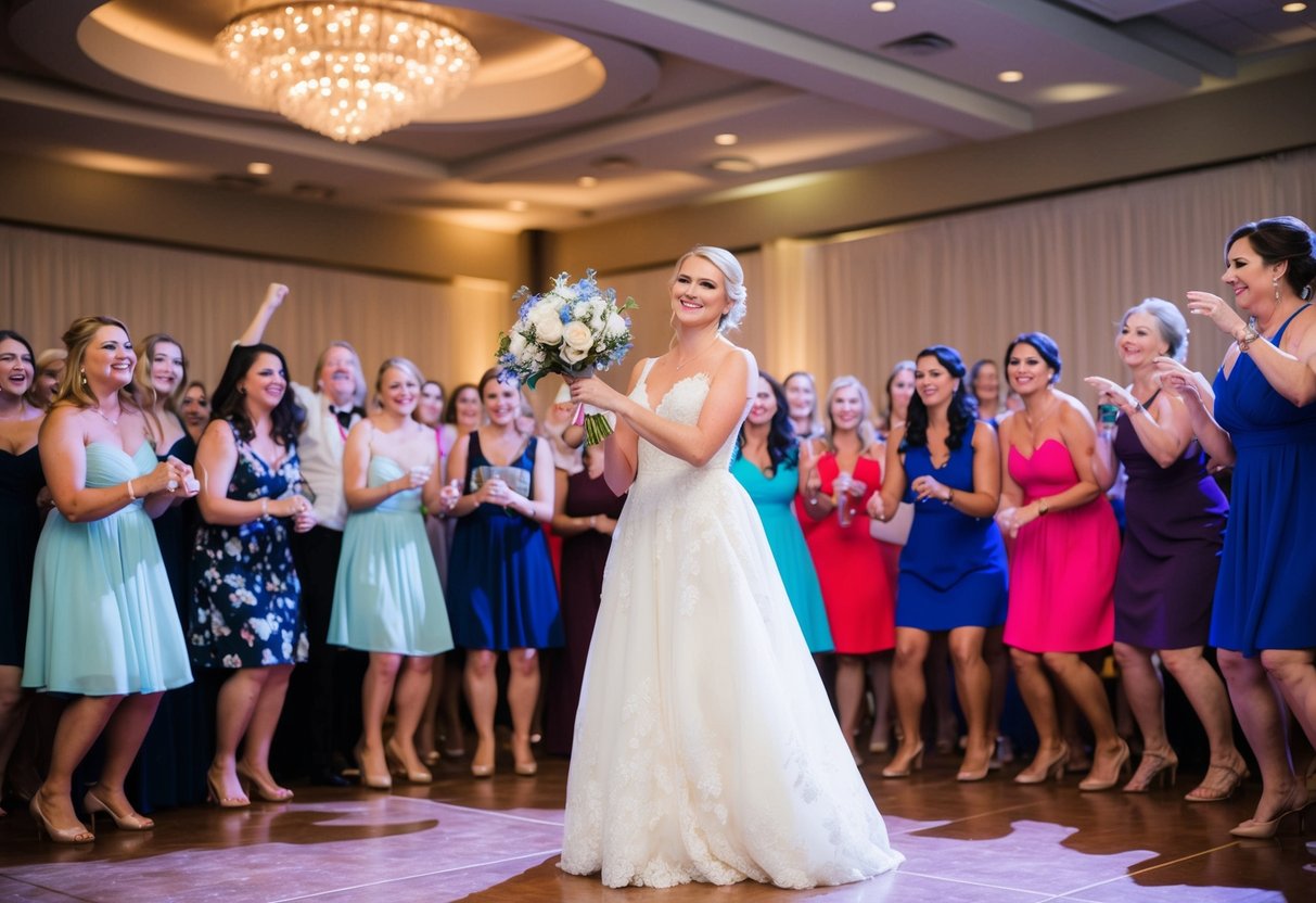 A bride stands at the center of a crowded dance floor, holding a bouquet. She smiles as she prepares to toss it over her shoulder to a group of eager single women