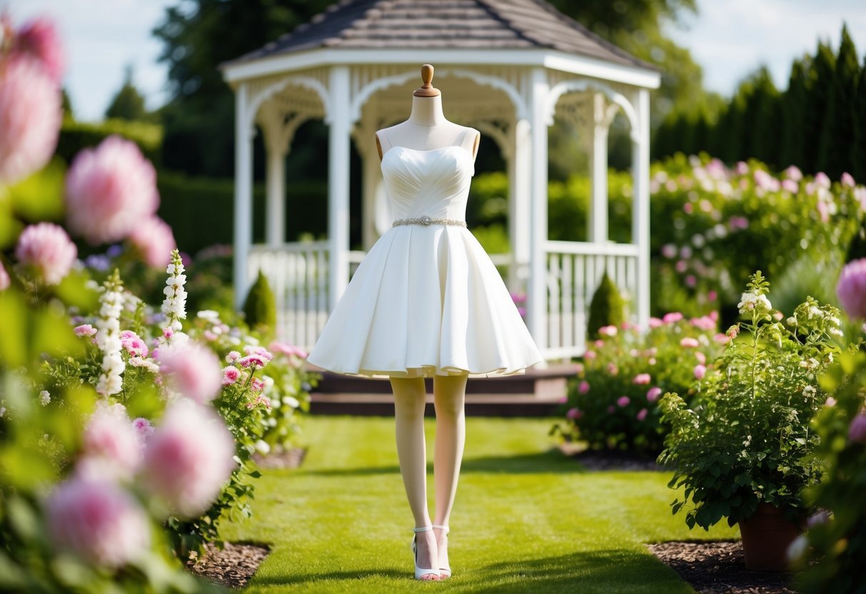 A garden wedding with a short dress, surrounded by blooming flowers and a picturesque gazebo