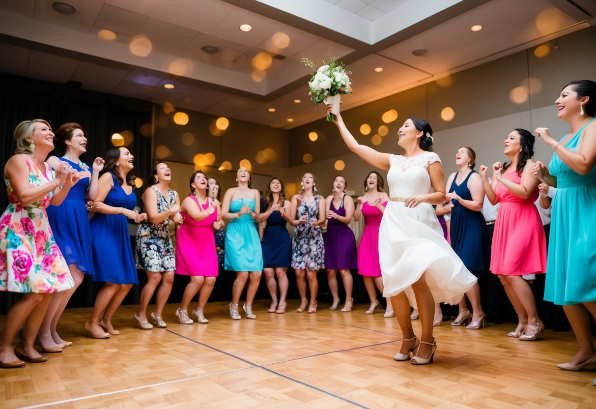A group of excited single women gather on the dance floor, eagerly anticipating the bride's toss. The bride stands poised, ready to throw her bouquet into the air