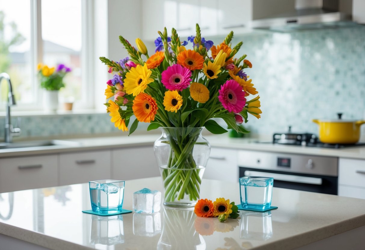 A vase of colorful flowers sits on a clean kitchen counter, surrounded by a few ice cubes and fresh water