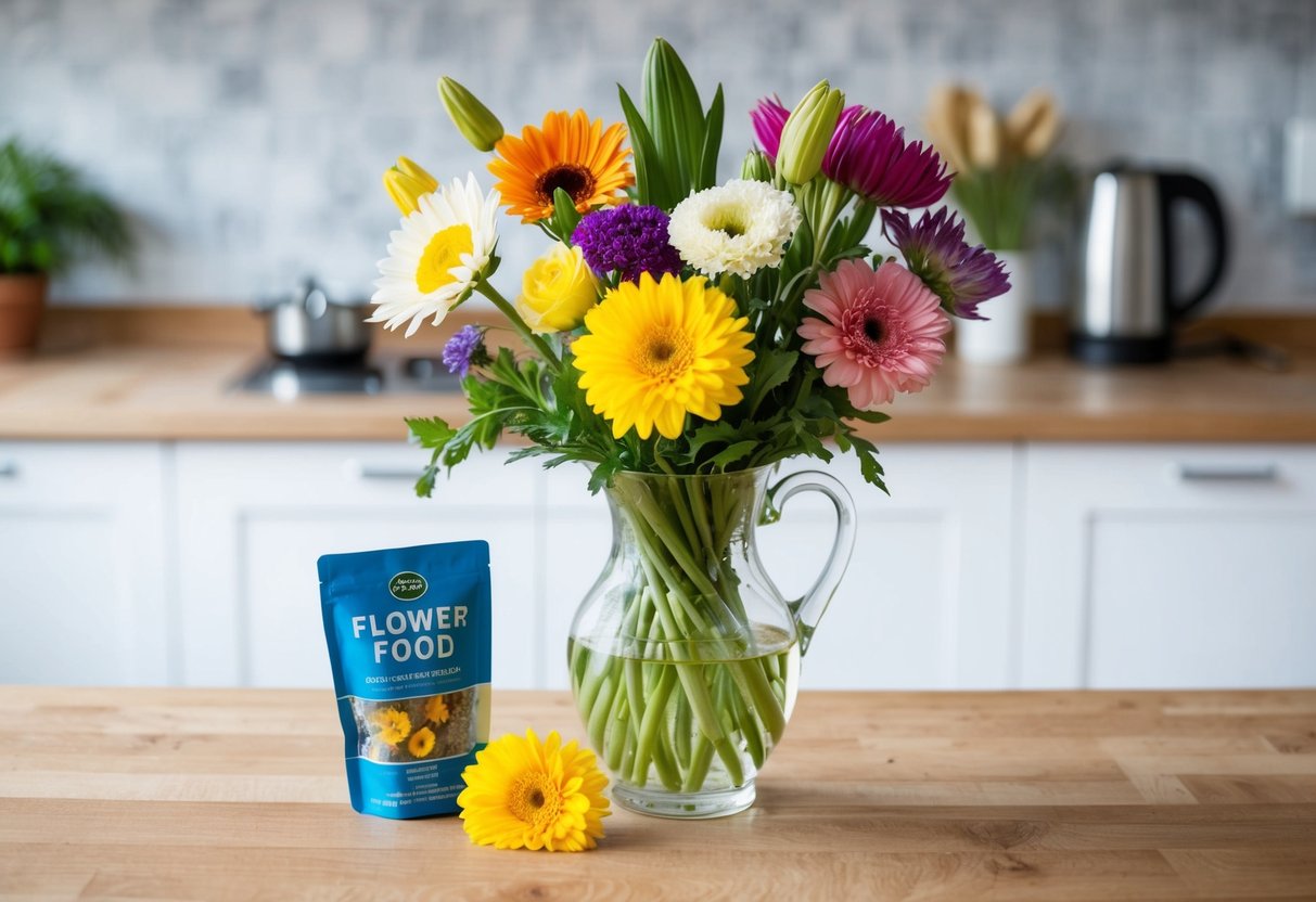 A vase of assorted fresh flowers sitting on a kitchen counter, with a small packet of flower food nearby
