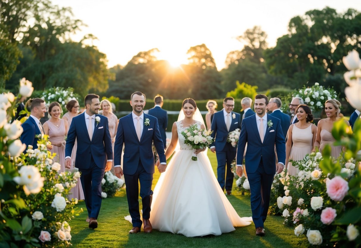 A formal outdoor wedding at 5 pm. The setting sun casts a warm glow on guests in elegant attire, surrounded by blooming flowers and lush greenery
