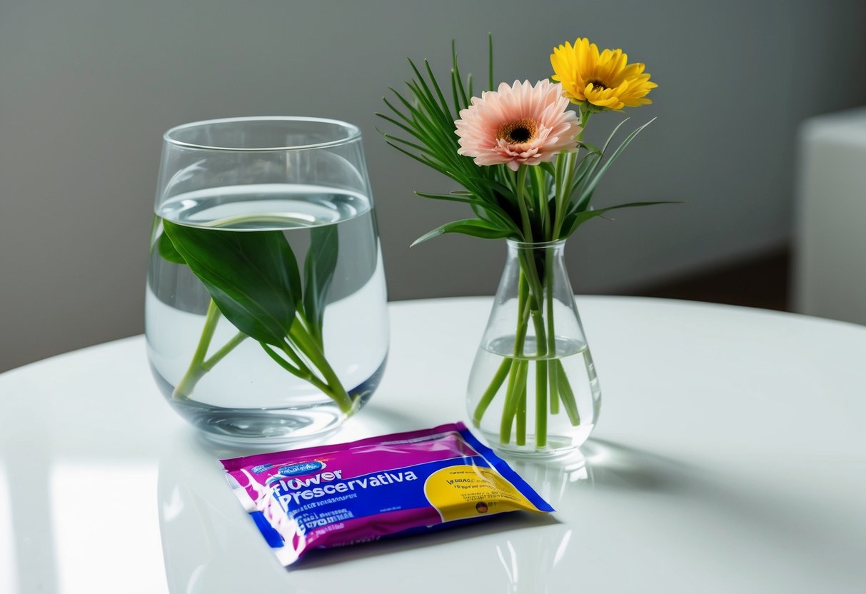A vase filled with water, next to a pair of freshly cut flowers and a packet of flower preservative on a clean, white table