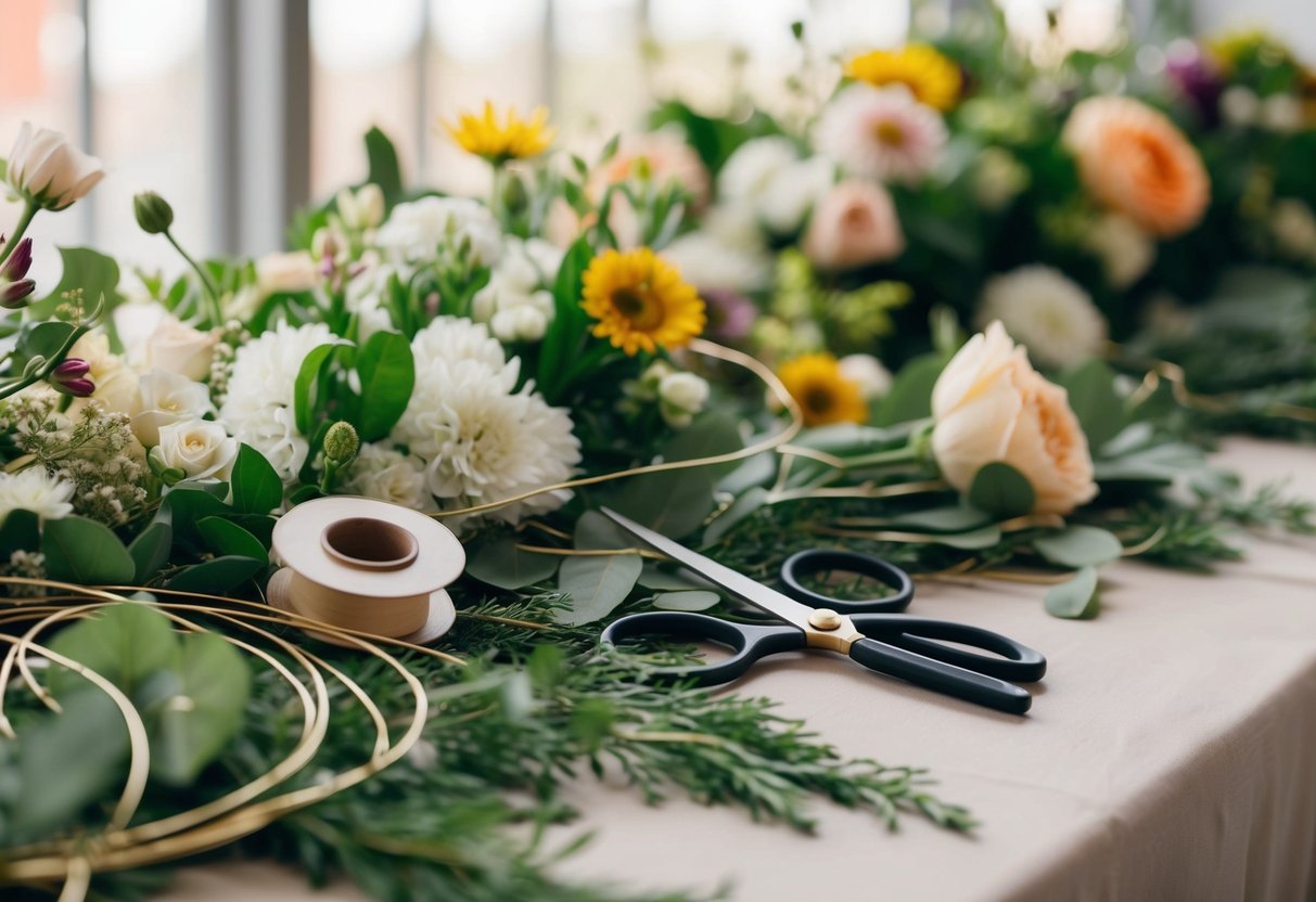 A table covered in flowers, greenery, and floral wire. A pair of scissors and a spool of ribbon sit nearby
