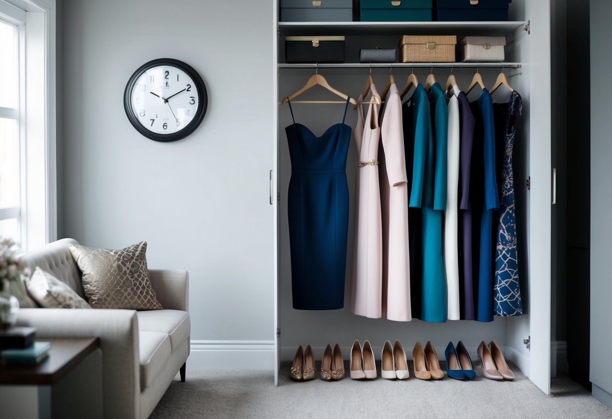 A wardrobe with elegant dresses and suits, shoes, and accessories arranged neatly. A clock on the wall reads 4:30 pm