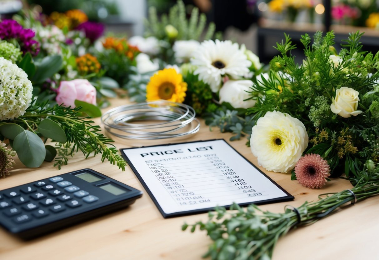 A table with various flowers, greenery, and floral wire. A price list and calculator nearby