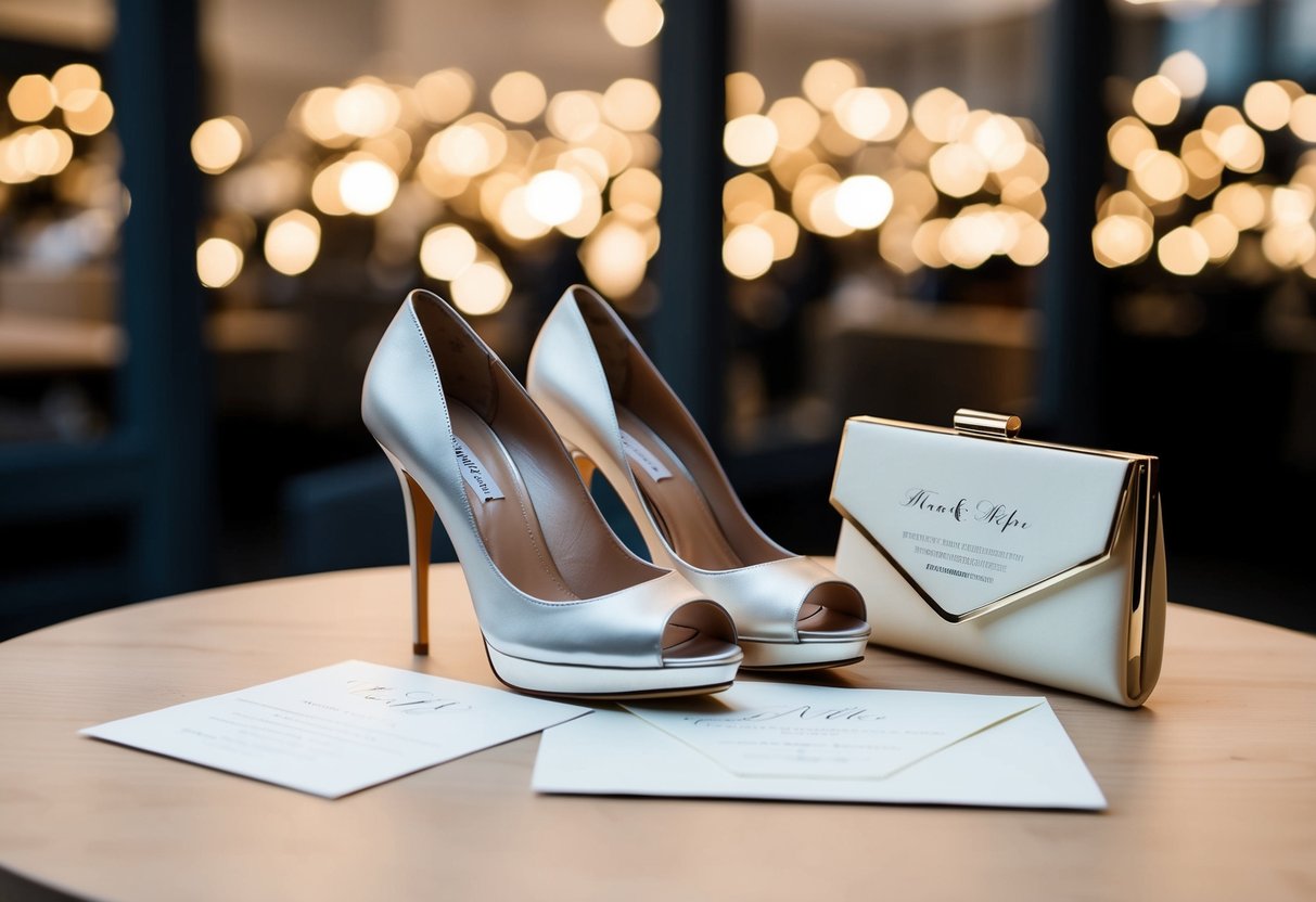 A pair of elegant high heels next to a stylish clutch and a wedding invitation on a table
