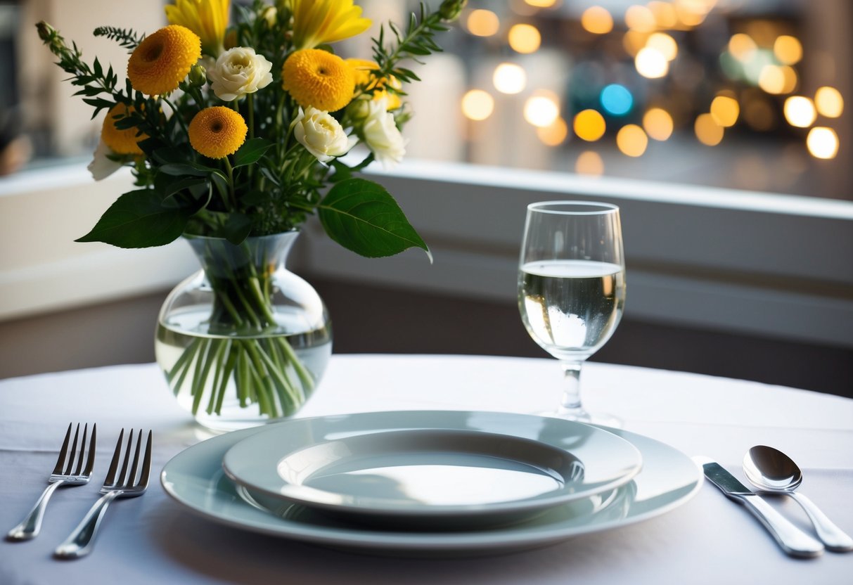 A table set with a vase of fresh flowers, with an empty plate and cutlery placed before it