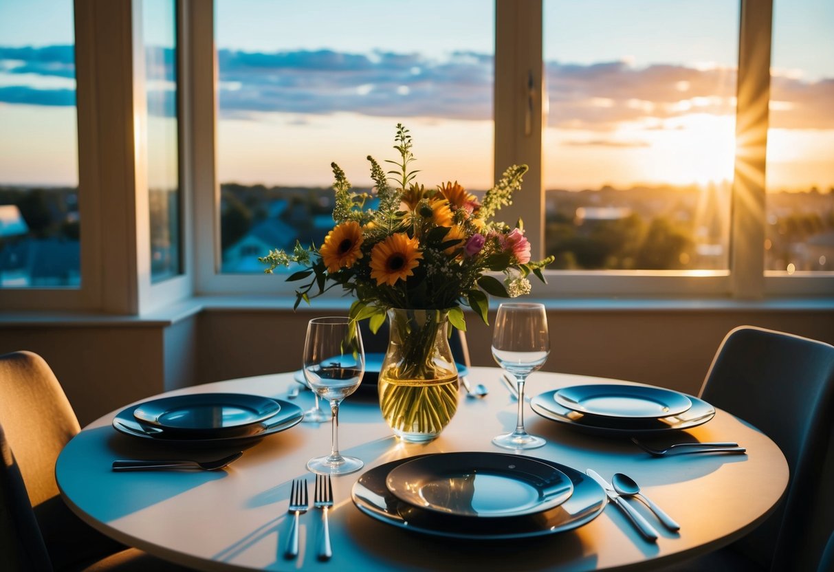 A dining table set with a vase of fresh flowers, plates, and utensils. The sun sets outside the window, casting a warm glow over the scene