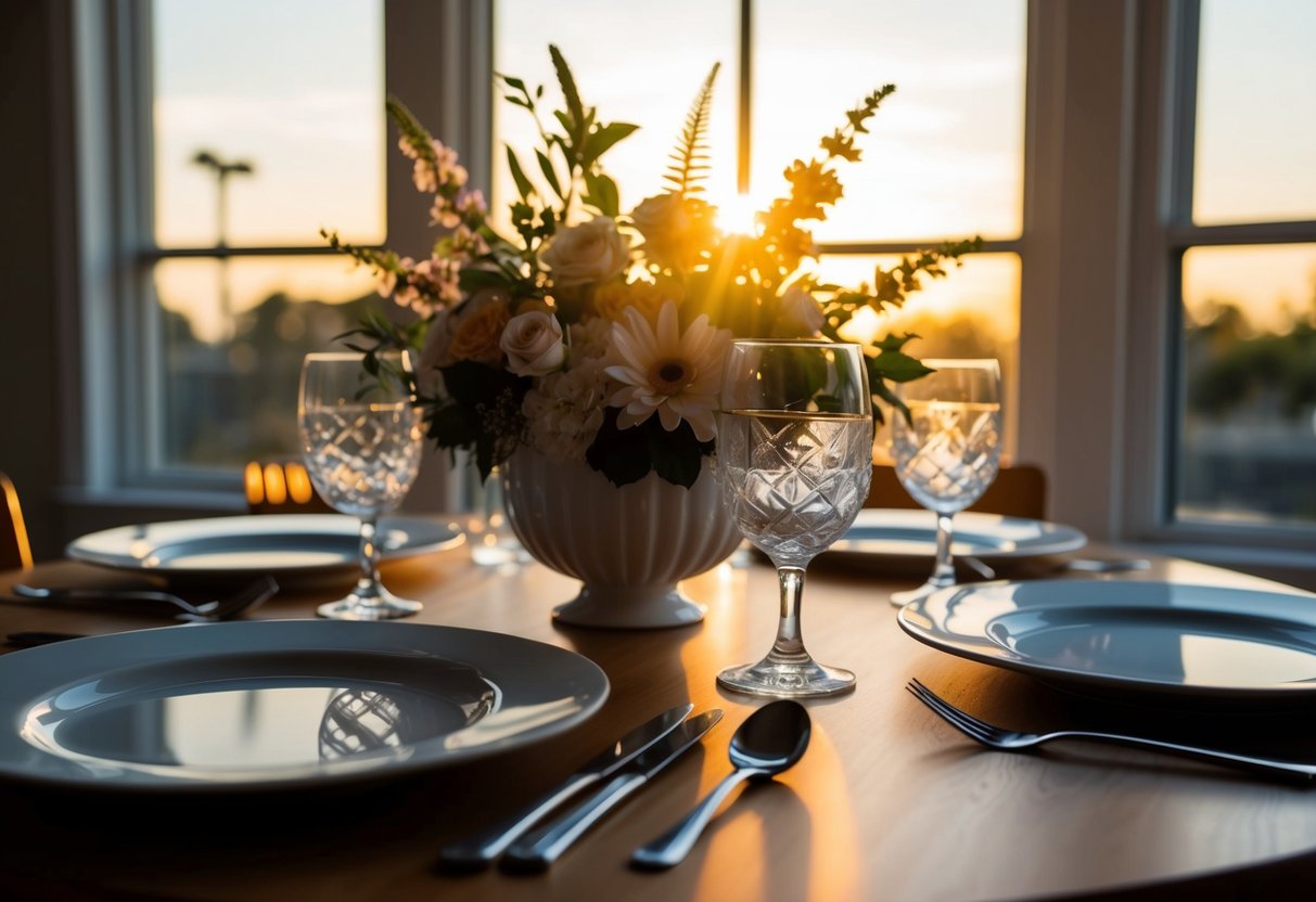 A dining table set with a floral centerpiece, surrounded by empty plates and utensils. The sun is setting outside the window, casting a warm glow on the scene