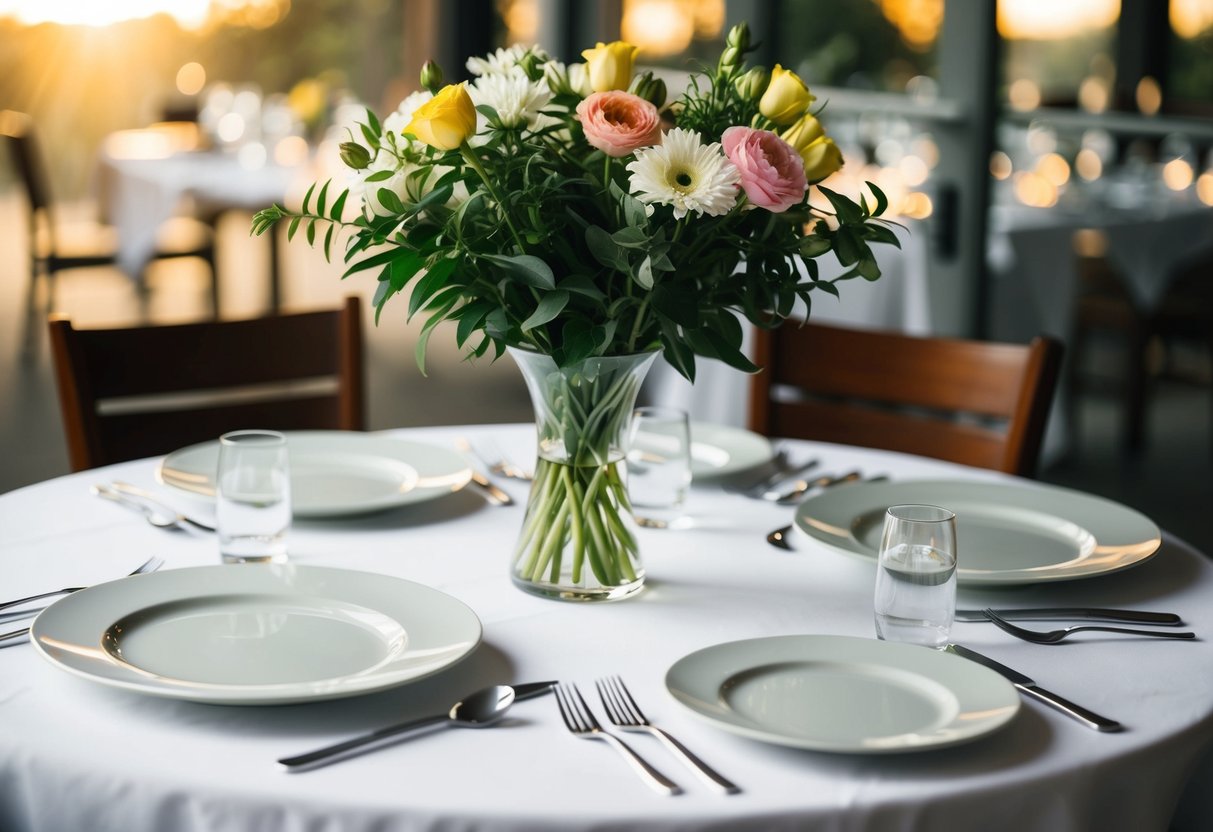 A table set with a vase of fresh flowers, surrounded by dinner plates and utensils