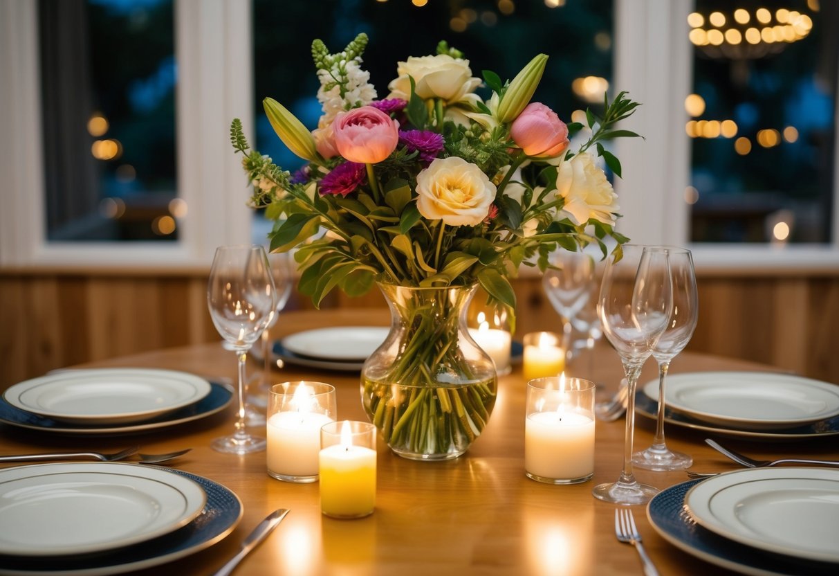 A table set with a vase of fresh flowers, surrounded by dinnerware and lit candles