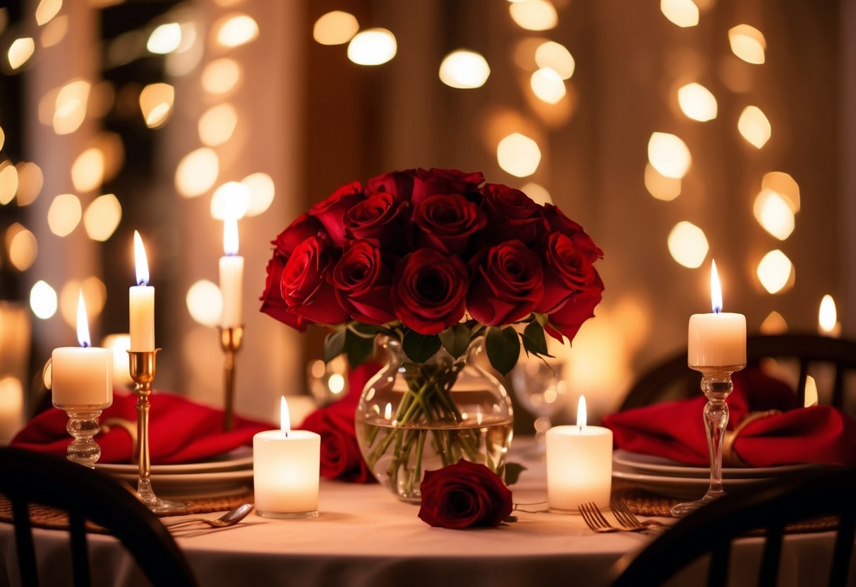 A cozy table set with a vase of red roses and flickering candles, surrounded by soft, romantic lighting