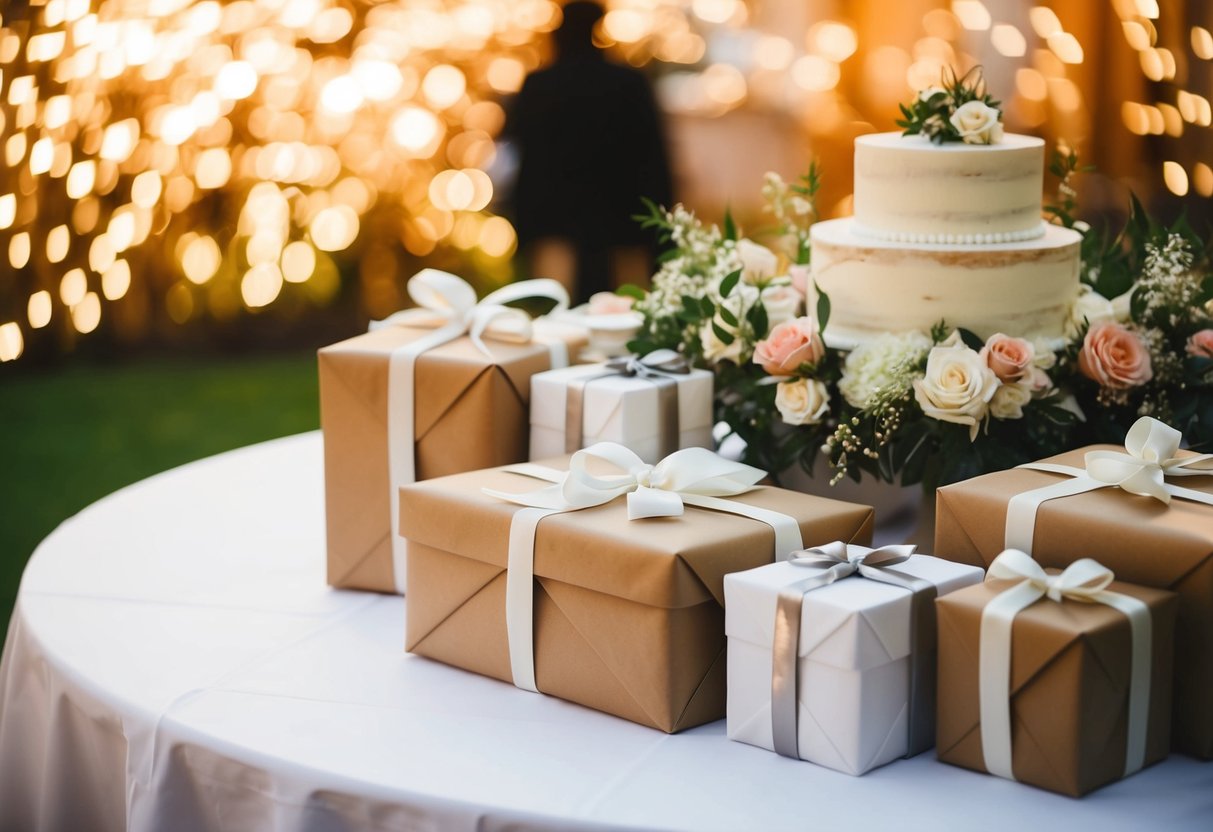 A table adorned with wrapped presents, flowers, and a wedding cake