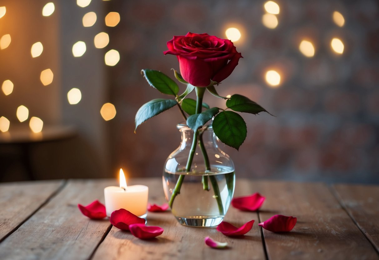 A single red rose in a glass vase, surrounded by soft candlelight and a scattering of rose petals on a wooden table