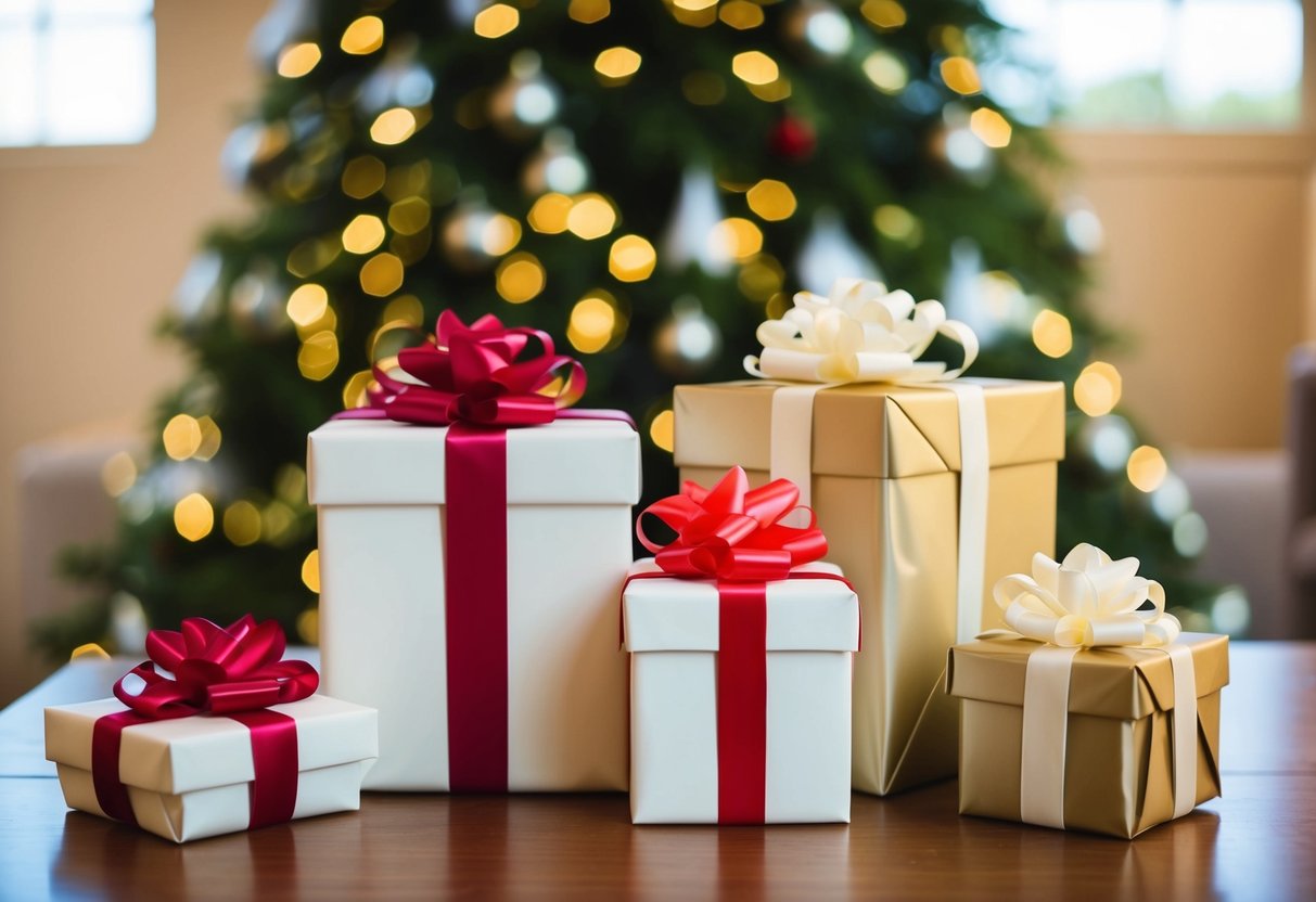 A family presents wrapped wedding gifts