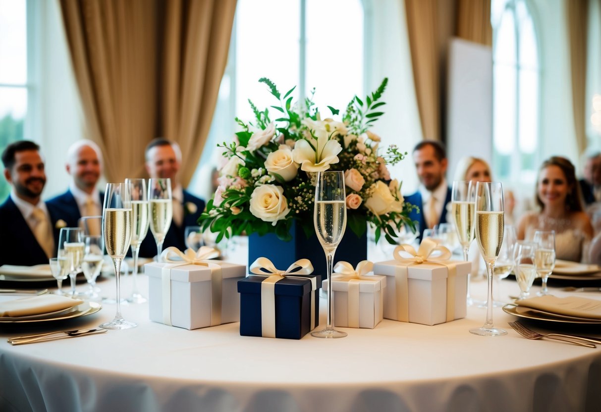A table adorned with elegant gift boxes, flowers, and champagne flutes awaits the arrival of wedding guests
