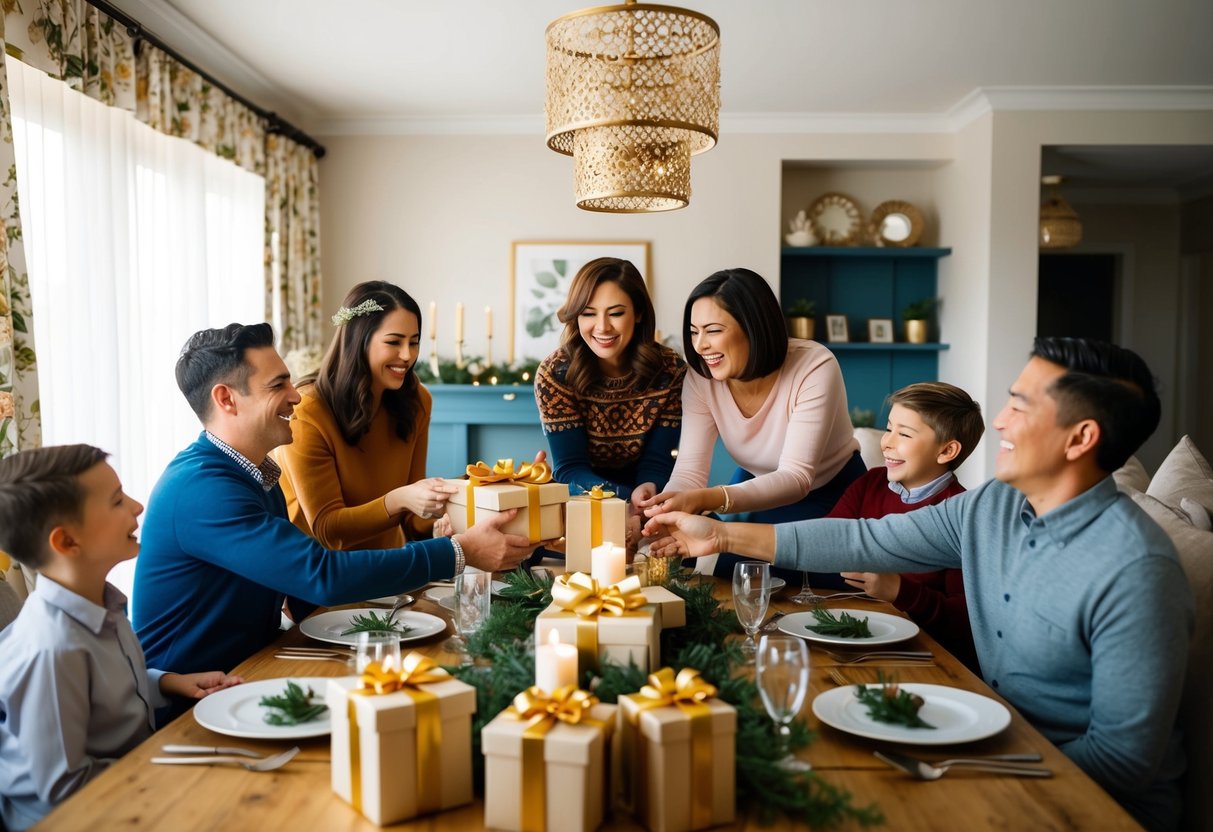 A family gathers around a table, exchanging gifts and sharing laughter in a cozy living room adorned with wedding decor