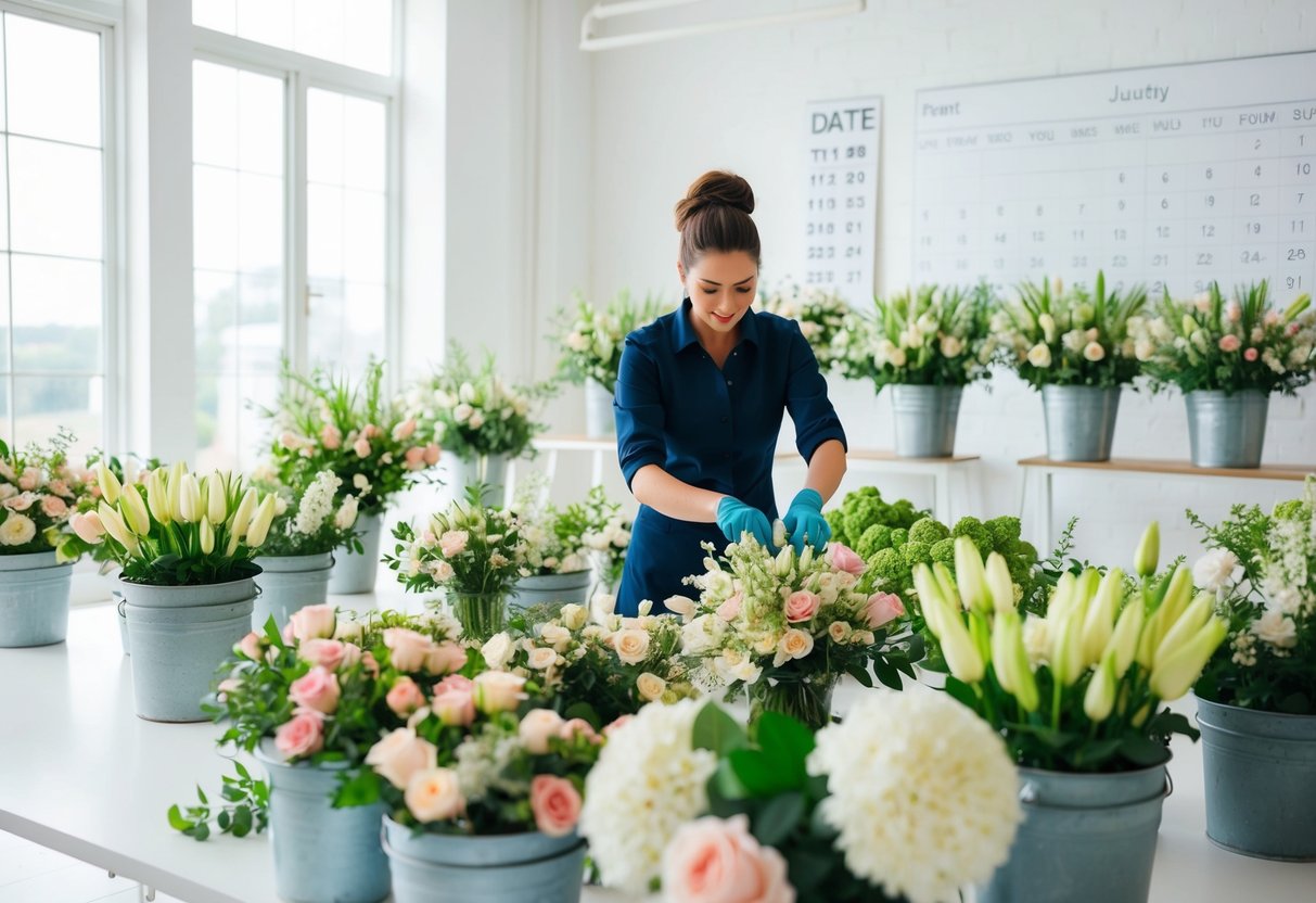 A florist arranging wedding flowers in a bright, spacious studio filled with buckets of fresh blooms and greenery. A calendar on the wall shows a date several weeks in the future