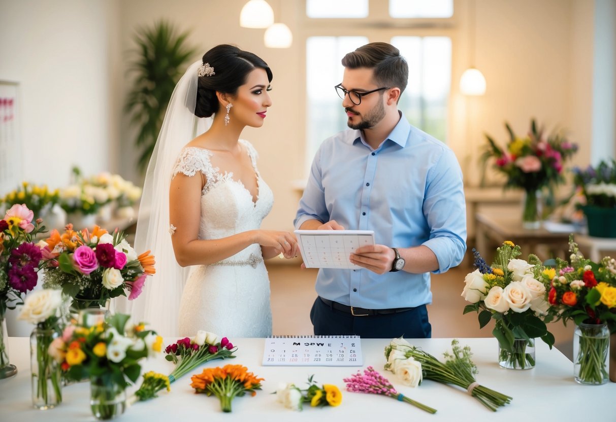 A bride and a florist discussing flower arrangements for a wedding, with a calendar and various floral samples laid out on a table